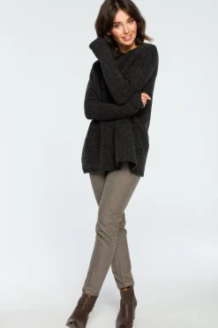 Hot Gruby sweter ze ściągaczem w rękawie - antracytowy Swetry