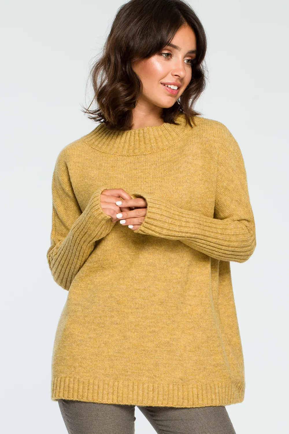 Hot Gruby sweter ze ściągaczem w rękawie - musztardowy Swetry