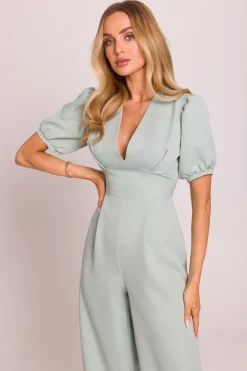 New Kobinezon z głęboki dekote i zerokii nogawkai - iętowy Eleganckie Kombinezony|Kombinezony