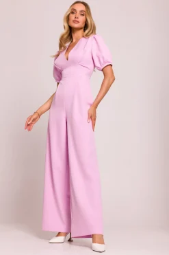 Sale Kobinezon z głęboki dekote i zerokii nogawkai - cukierkowy róż Eleganckie Kombinezony|Kombinezony