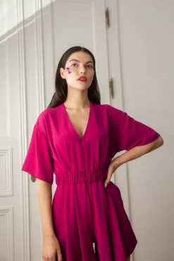 Kobinezon z kionowyi rękawai - śiwkowy Eleganckie Kombinezony|Kombinezony