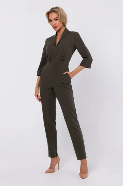 Outlet Kobinezon z kołnierze zaowy - khaki Eleganckie Kombinezony|Kombinezony