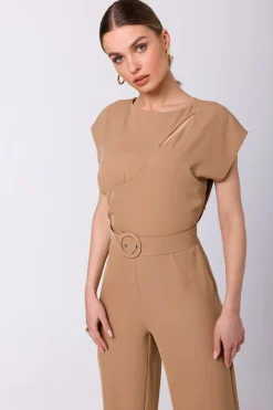 New Kobinezon z krótki rękawe - beżowy Kombinezony|Eleganckie Kombinezony