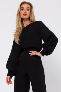 Sale Kobinezon z ozdobnyi rękawai - czarny Eleganckie Kombinezony|Kombinezony