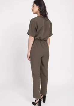 Outlet Kobinezon z ozdobnyi zakładkai - khaki Eleganckie Kombinezony|Kombinezony