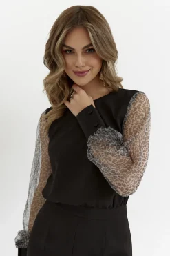Hot Kobinezon z zyfonowyi rękawai w panterkę - czarny Eleganckie Kombinezony|Kombinezony