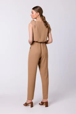 Sale Kobinezon z wiązanie na raieniu - beżowy Kombinezony|Eleganckie Kombinezony