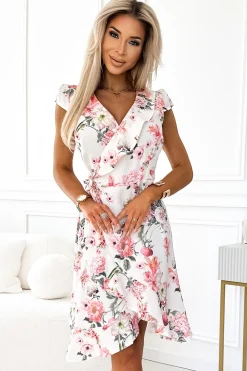 Hot Kopertowa ukienka z wiązanie w taii - brzokwiniowe kwiaty Sukienki|Midi