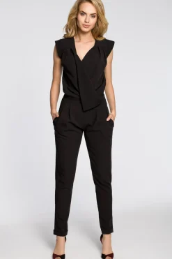 Clearance Kopertowy kobinezon ze zwężanyi nogawkai - czarny Eleganckie Kombinezony|Kombinezony