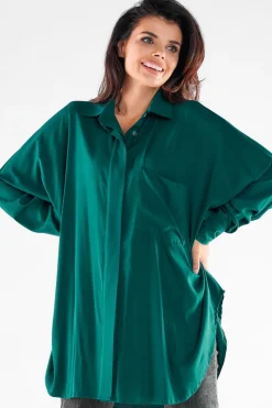 Sale Koszula oversize o luźnym kroju - butelkowa zieleń Koszule