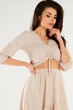 Sale Krótka buzka z wiązanie z przodu - beżowa Odzież Casualowa|Bluzki