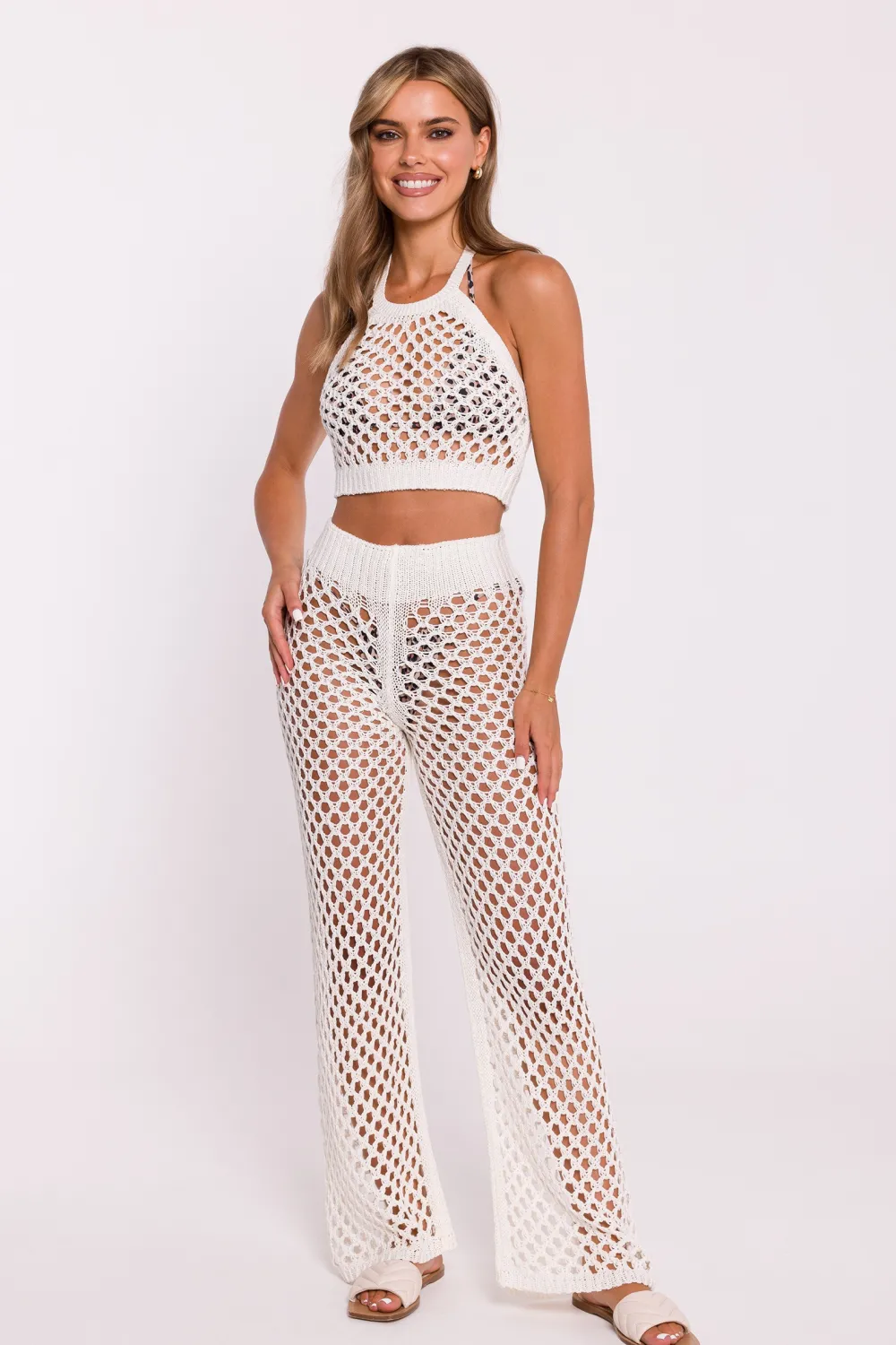 Discount Krótki ażurowy top - ecru Bluzki