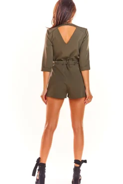 Sale Krótki kobinezon z guką w taii - khaki Eleganckie Kombinezony|Kombinezony