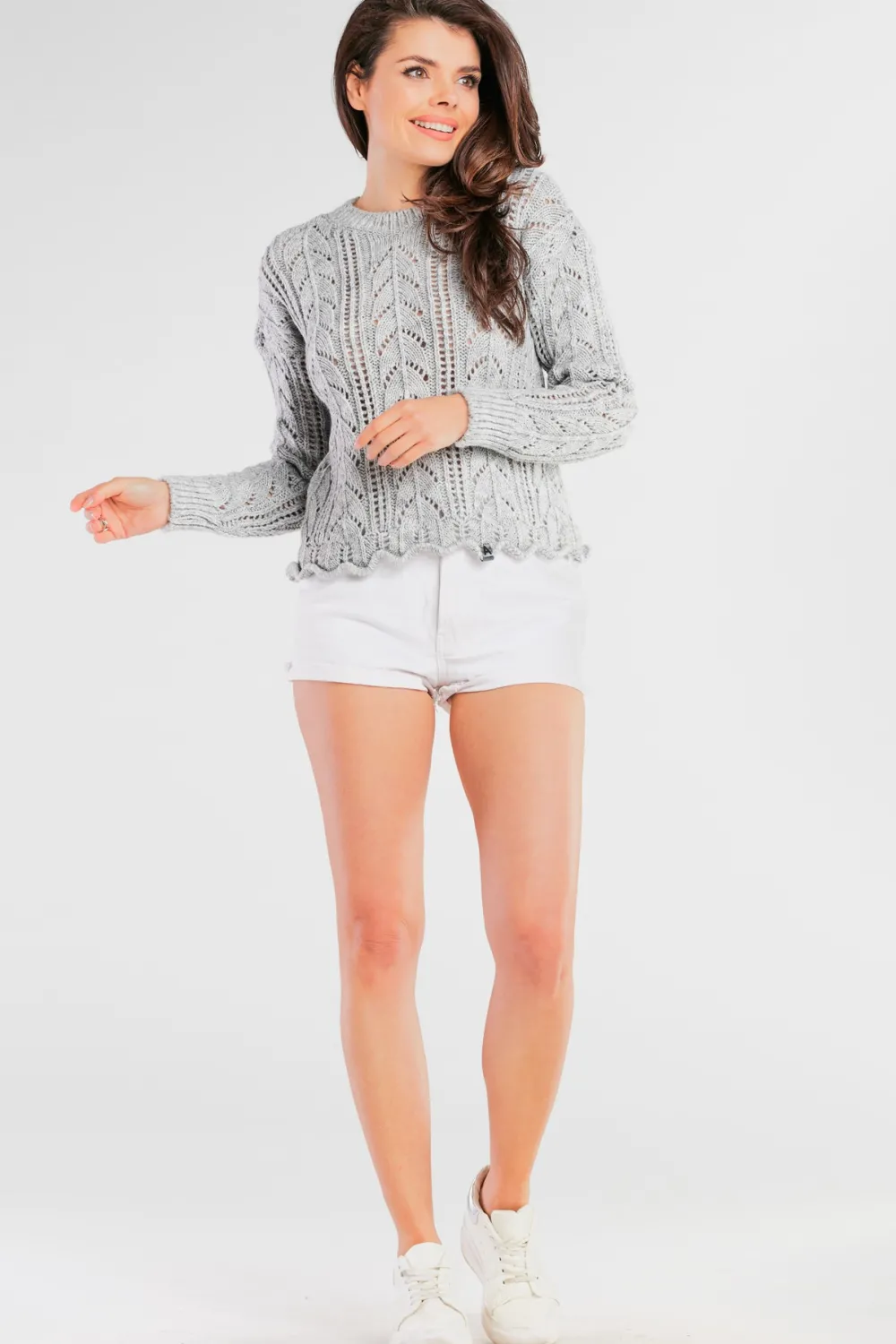 Discount Krótki sweter z okrągłym dekoltem - szary Swetry