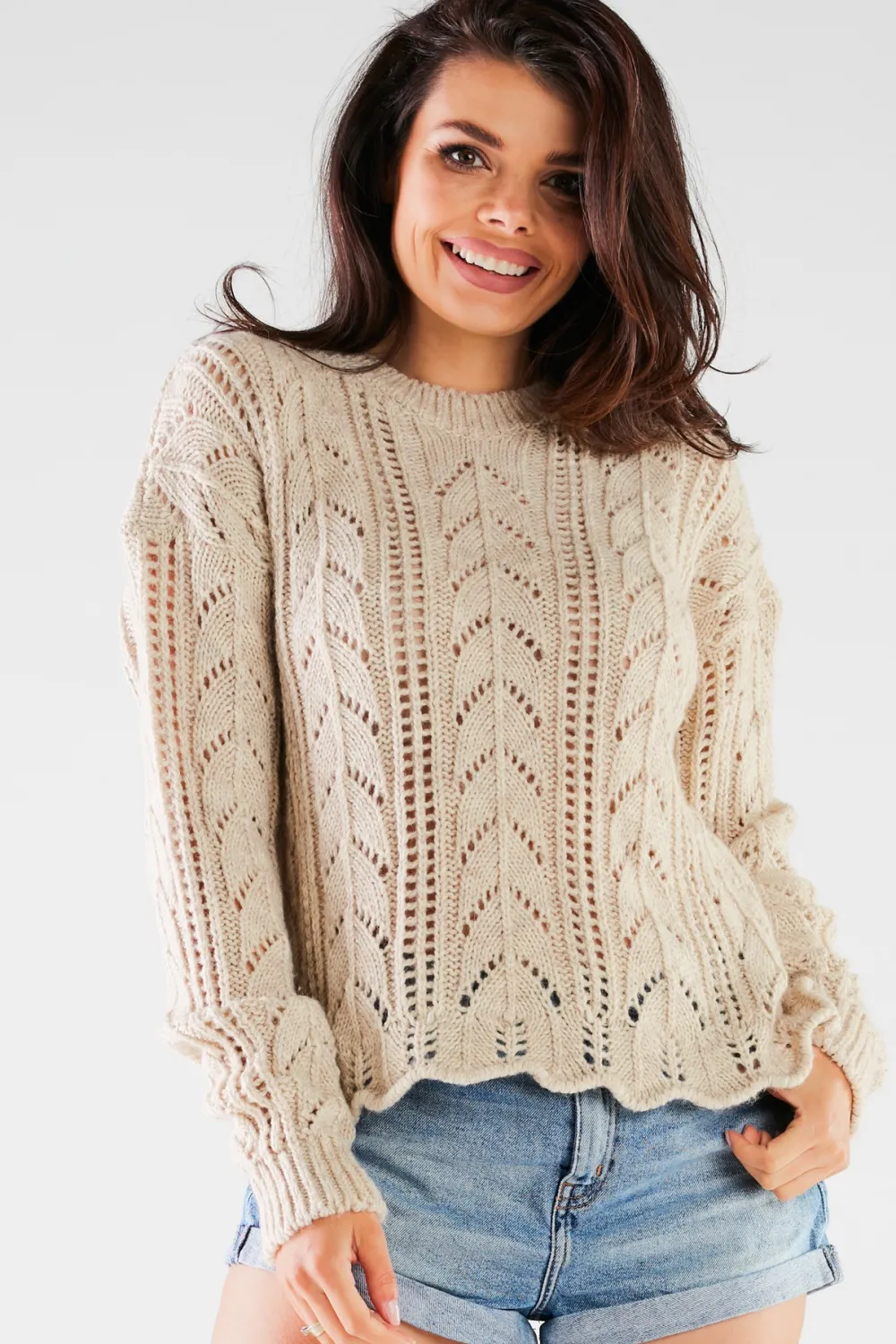 Discount Krótki sweter z okrągłym dekoltem - beżowy Swetry