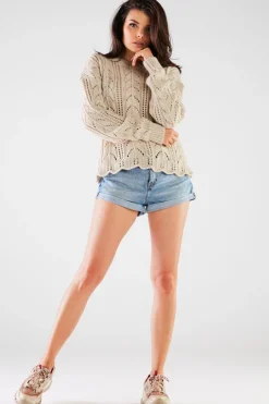 Discount Krótki sweter z okrągłym dekoltem - beżowy Swetry