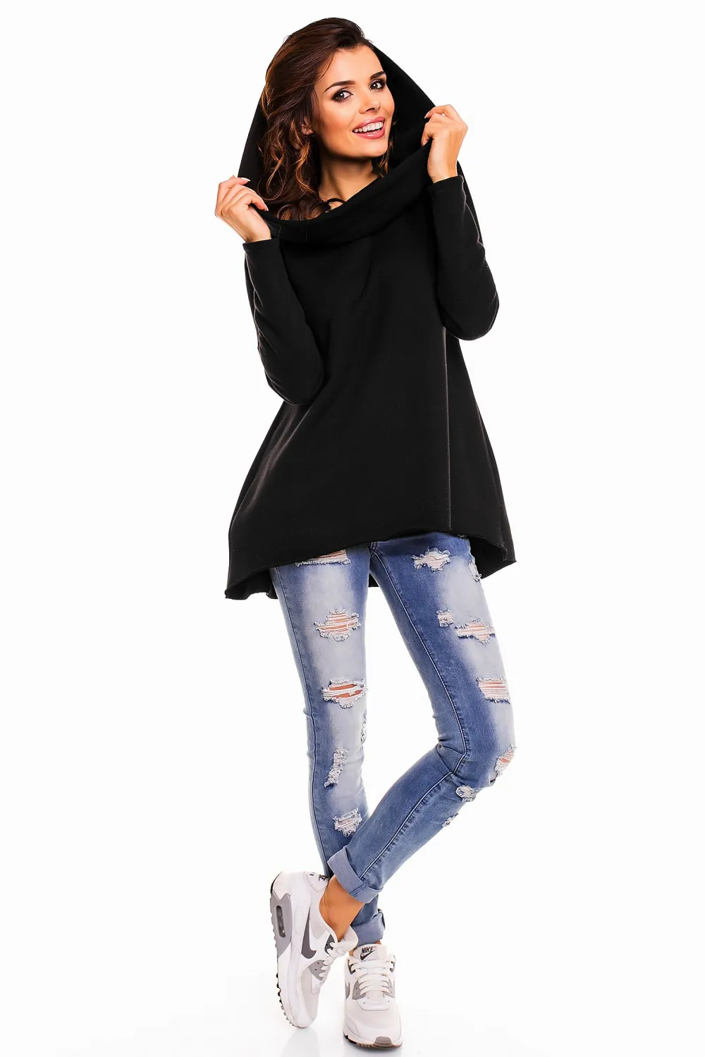Online uźna buza overize z kapture - czarna Odzież Casualowa|Bluzy