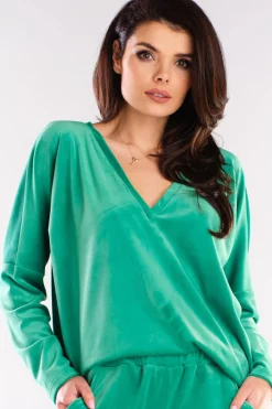 Online Luźna bluza welurowa z dekoltem V - zielona Odzież Casualowa|Bluzy