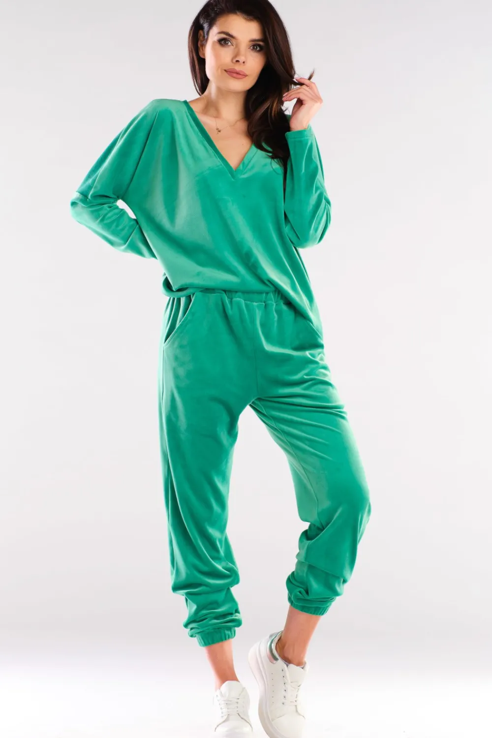 Online Luźna bluza welurowa z dekoltem V - zielona Odzież Casualowa|Bluzy