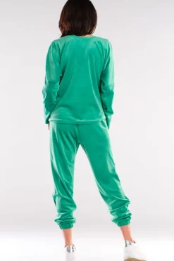 Online Luźna bluza welurowa z dekoltem V - zielona Odzież Casualowa|Bluzy