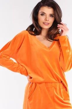 Discount Luźna bluza welurowa z dekoltem V - pomarańczowa Odzież Casualowa|Kolory I Printy Sezonu