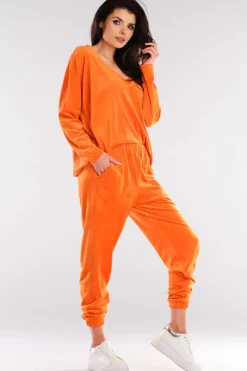 Discount Luźna bluza welurowa z dekoltem V - pomarańczowa Odzież Casualowa|Kolory I Printy Sezonu