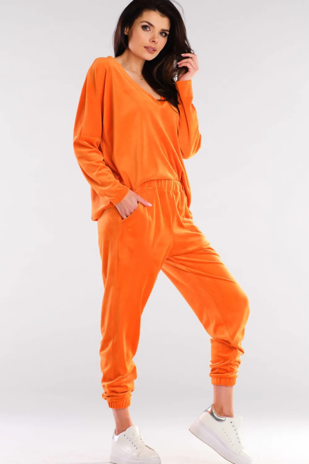 Discount Luźna bluza welurowa z dekoltem V - pomarańczowa Odzież Casualowa|Kolory I Printy Sezonu