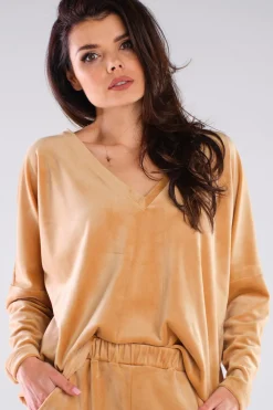 Outlet Luźna bluza welurowa z dekoltem V - beżowa Odzież Casualowa|Bluzy