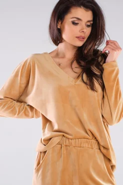 Outlet Luźna bluza welurowa z dekoltem V - beżowa Odzież Casualowa|Bluzy