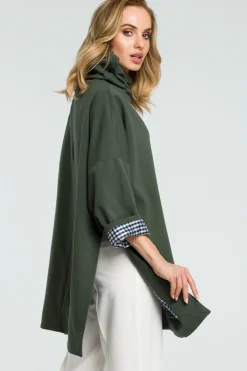 Outlet Luźna bluza z wysokim kołnierzem - militarno-zielona Bluzy