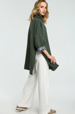 Outlet Luźna bluza z wysokim kołnierzem - militarno-zielona Bluzy