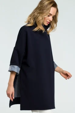 Sale Luźna bluza z wysokim kołnierzem - granatowa Bluzy