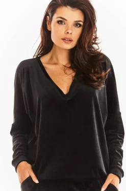 Online Luźna prosta bluzka z dekoltem w serek - czarna Odzież Casualowa|Bluzy