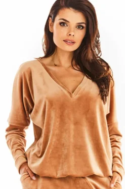 Hot Luźna prosta bluzka z dekoltem w serek - beżowa Odzież Casualowa|Bluzy
