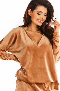 Hot Luźna prosta bluzka z dekoltem w serek - beżowa Odzież Casualowa|Bluzy
