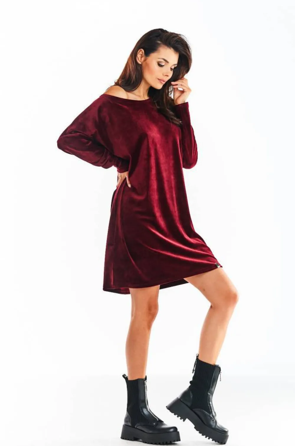 Clearance Luźna prosta sukienka mini - bordowa Sukienki