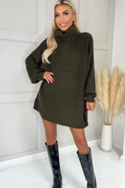 Hot uźna ukienka wetrowa z gofe - oiwkowa Swetry|Sukienki