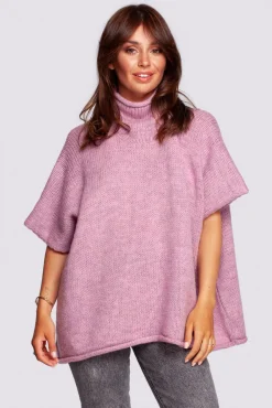 New Luźny sweter typu ponczo - pudrowy Swetry