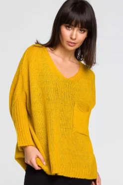 Discount Luźny sweter z kieszenią - miodowy Swetry
