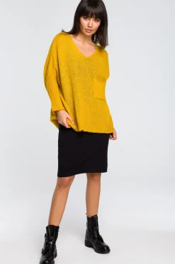 Discount Luźny sweter z kieszenią - miodowy Swetry