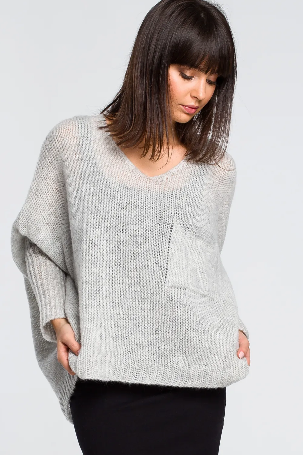 New Luźny sweter z kieszenią - popielaty Swetry