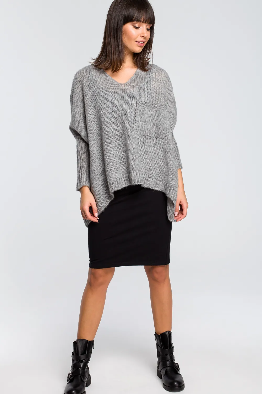 New Luźny sweter z kieszenią - szary Swetry