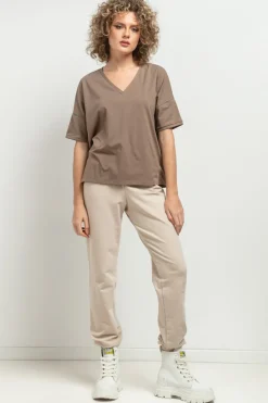 Sale uźny t-hirt z dekote V - cappuccino Odzież Casualowa|Dobry Skład