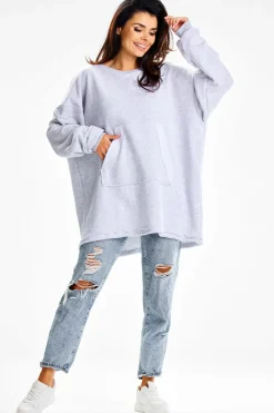 Online Obszerna bluza damska z kieszenią kangurek - szara Odzież Casualowa|Dobry Skład