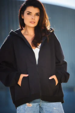 Outlet Obszerna bluza zasuwana na zamek - czarna Odzież Casualowa|Bluzy