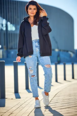 Outlet Obszerna bluza zasuwana na zamek - czarna Odzież Casualowa|Bluzy