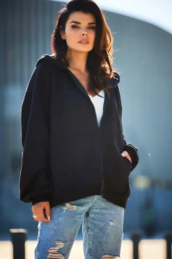 Outlet Obszerna bluza zasuwana na zamek - czarna Odzież Casualowa|Bluzy