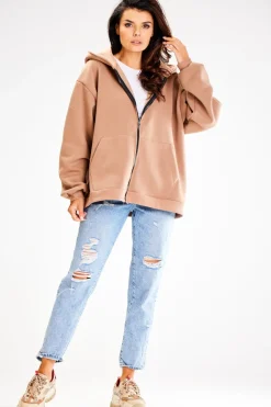 New Obszerna bluza zasuwana na zamek - beżowa Odzież Casualowa|Bluzy