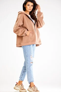 New Obszerna bluza zasuwana na zamek - beżowa Odzież Casualowa|Bluzy