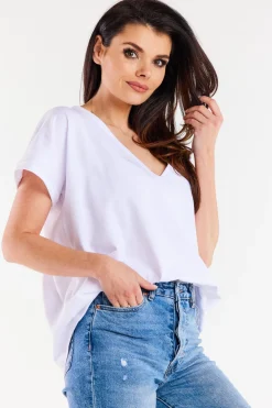Discount Obszerny t-shirt z dekoltem V - biały Odzież Casualowa|Dobry Skład